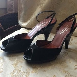 Donald J. Pliner Black Leather Peep-Toe Slingback Heels